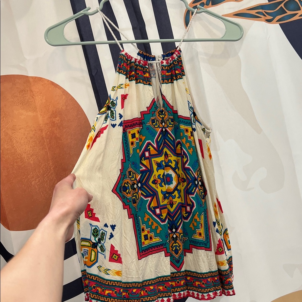 Flying Tomato Multicolor Geo Halter Dress in Cream, Teal & Pink